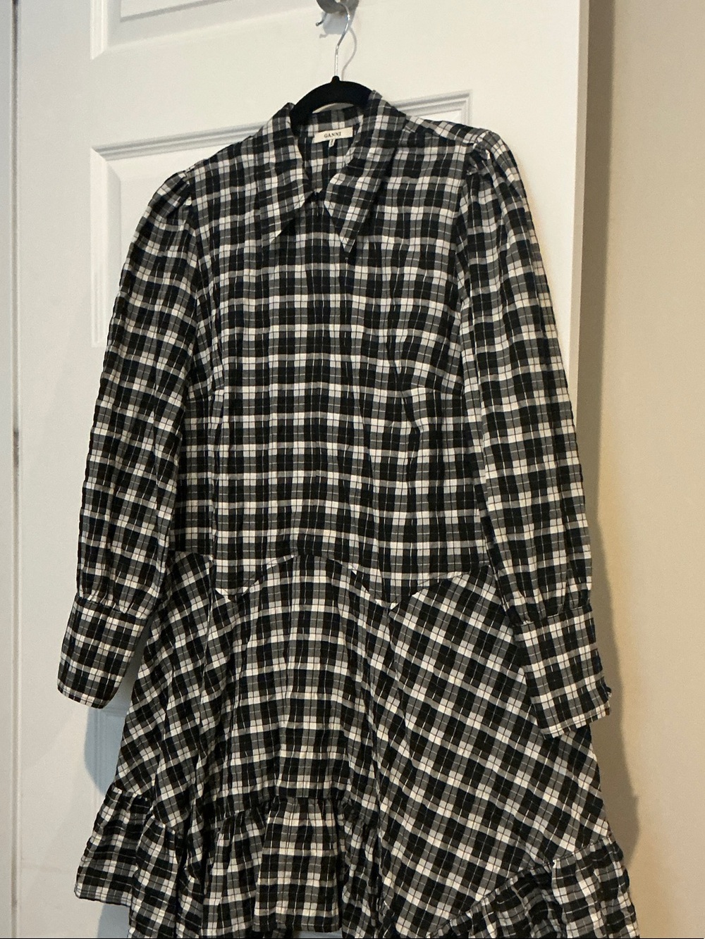 Ganni Black and White Plaid Long-Sleeve Dress